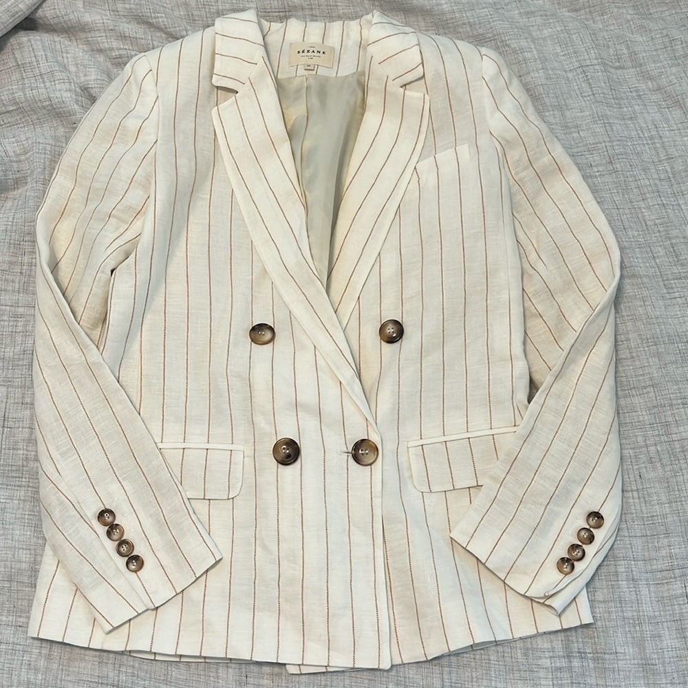Sezane Christie cream and caramel striped linen blend blazer